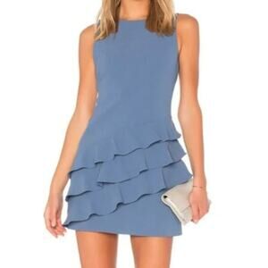 Alice + Olivia Women's sz 8 Clive Asymmetric Ruffle Dress Dusty Blue Midi